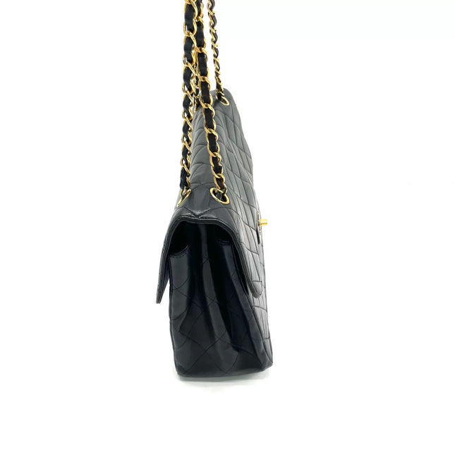 Chanel Jumbo Double Sided Classic Flap Black Lambskin Leather 24k Gold Hardware Handbag