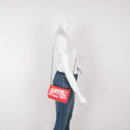 Sold Chanel Wallet on Chain Classic Flap Coral Pink Patent Leather