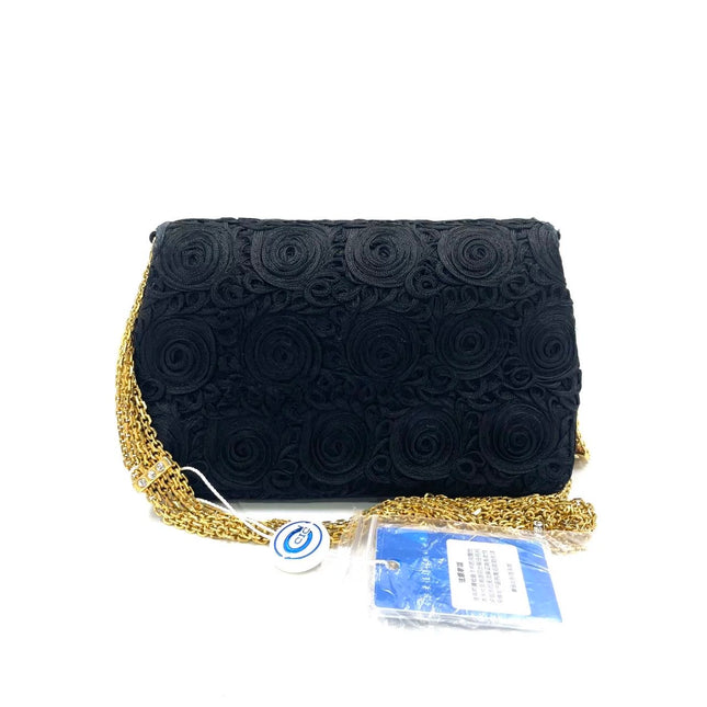 Chanel vintage Black Rose Knitted Fabric Gold Chain Flap Crossbody Bag
