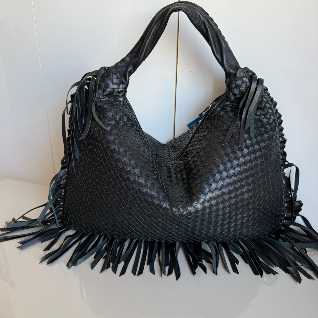 Bottega Veneta Veneta Fringed Hobo Large Black 50-53cm Lambskin Leather-Luxbags