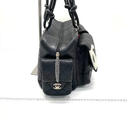 Chanel Cambon Multi-pocket Ligne Reporter Bag Large Black Calfskin Leather White Logo