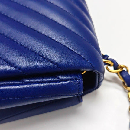 Chanel Classic Flap Mini Square Chevron Stitching Blue Lambskin Gold Hardware Crossbody Bag