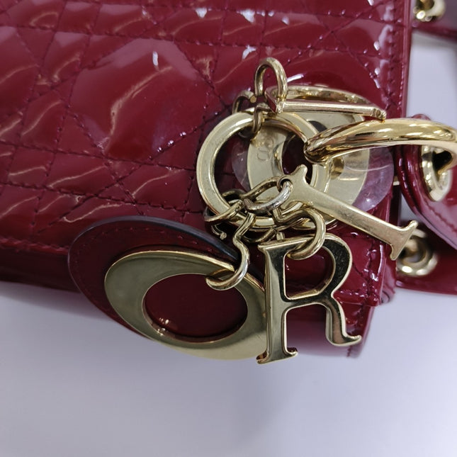 Lady Dior Mini Handbag Burgundy Red Patent Leather Gold-tone Chain Strap