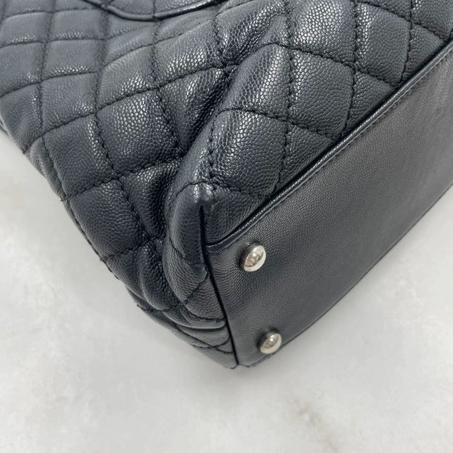 Chanel Coco Handle Maxi Black Caviar Leather Burgundy Lizard Handle Silver Hardware 32cm