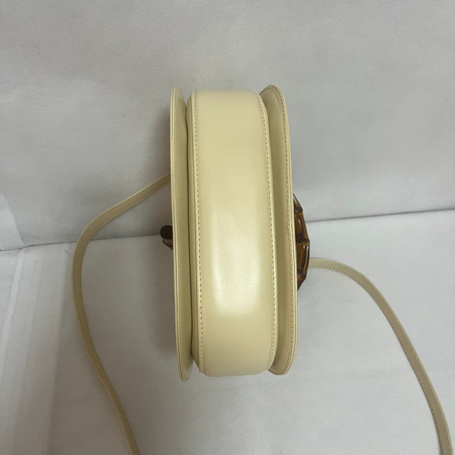 Gucci Bamboo 1947 Vintage Small White Box Leather Top Handle and Leather Strap Bag