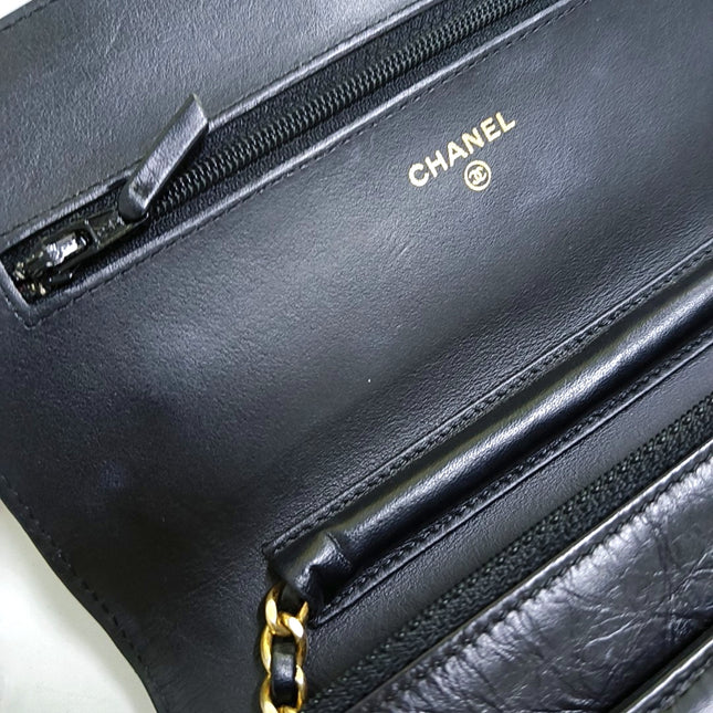 Chanel 2.55 Wallet on Chain Quilted Black Calfskin Leather Beatles Charms Gold Hardware
