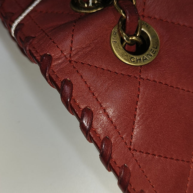 Chanel Classic Flap Medium Happy Stitch Red Aged Calfskin Leather Gold Hardware, 2015-2016