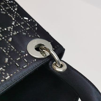 Lady Dior Mini Black Silk with Crystals Silver Hardware