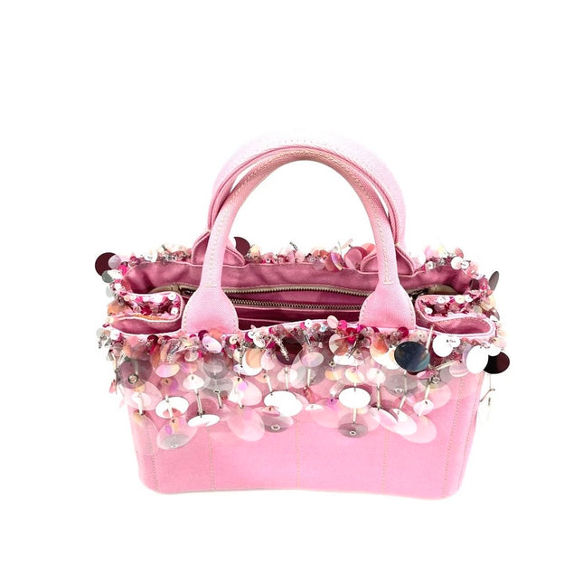 Prada Canape Small Pink Canvas with Sequins Top Handle Bag with Strap Rare