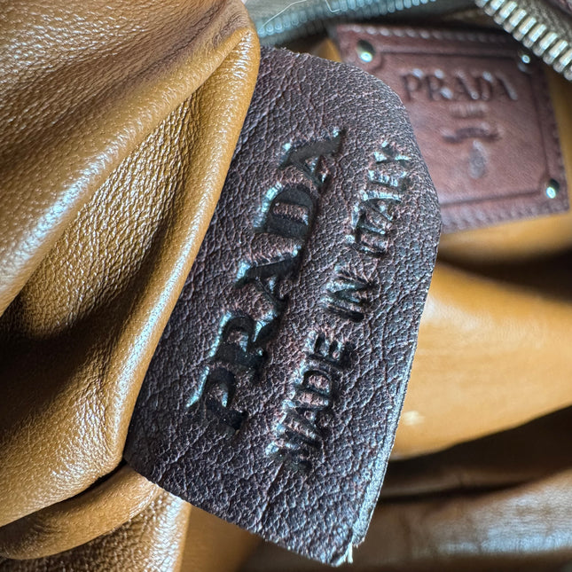 Prada Large Brown Washed Top Handle Bauletto Bag Calfksin Leather