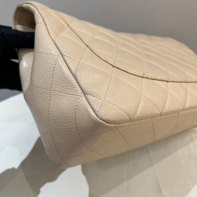 Chanel Classic Flap Jumbo Beige Caviar Leather Single Flap Silver Hardware