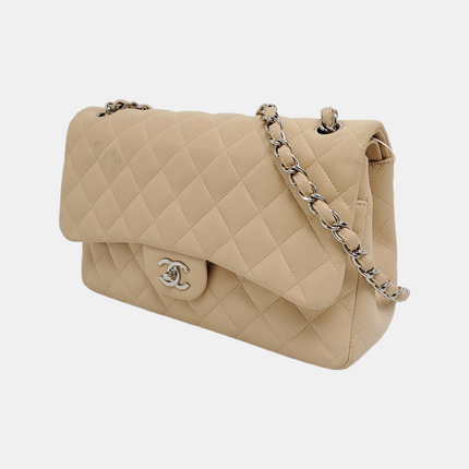 Chanel Classic Flap Jumbo Beige Lambskin Leather Single Flap with Silver Hardware