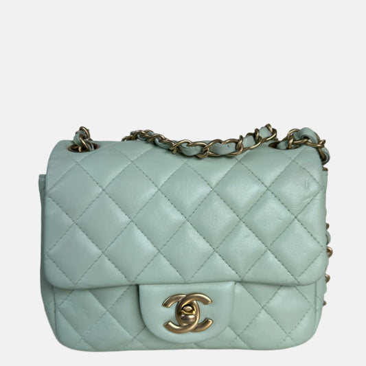 Chanel Classic Flap Mini Square Baby Mint Blue Lambskin Crossbody Bag, 2014-Luxbags