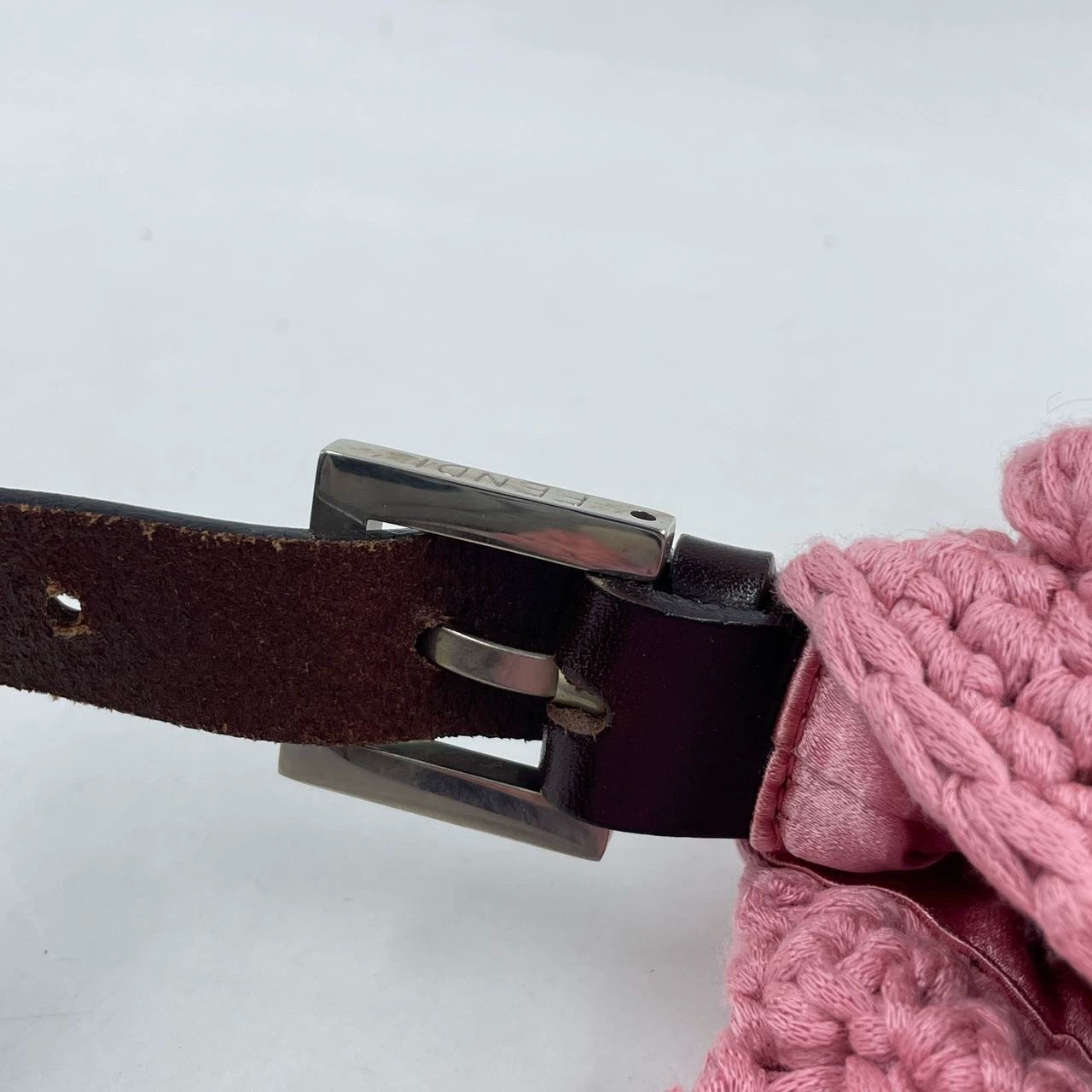 Fendi Baguette Bag Pink Crochet Knit Wool Pompom Shoulder Bag