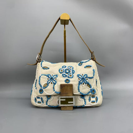 Fendi Mamma Baguette Needlepoint White Canvas and Blue and White Stones Embroidery