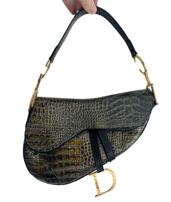 Sold Dior Saddle Green Medium Crocodile embossed Leather Handbag-Luxbags