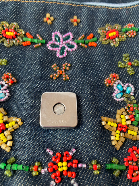 Sold FENDI Baguette Blue Denim with beaded Flower Embroidery