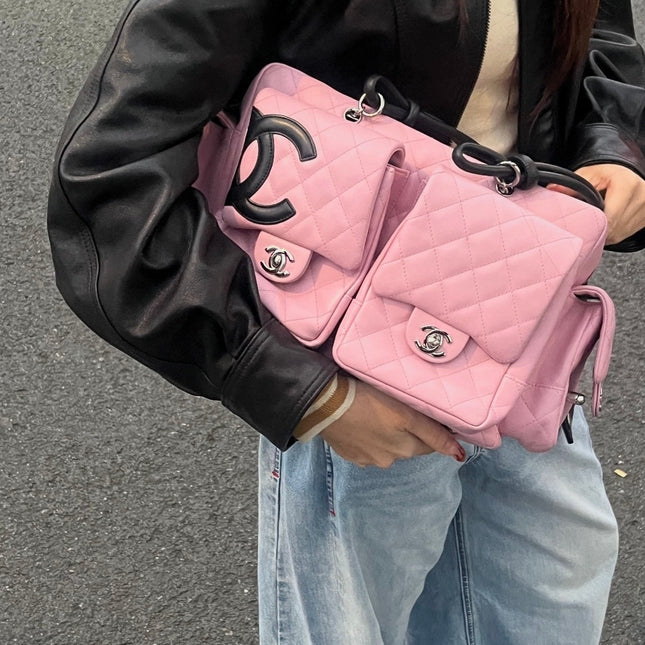 Chanel Cambon Large Pink Calfskin Leather Double Strap Handbag