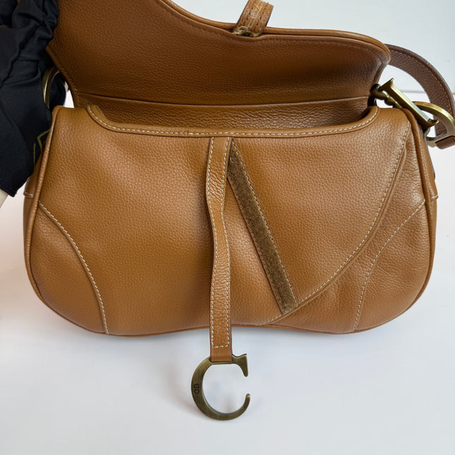 Dior Vintage Double Saddle Brown Leather Gold-tone Hardware