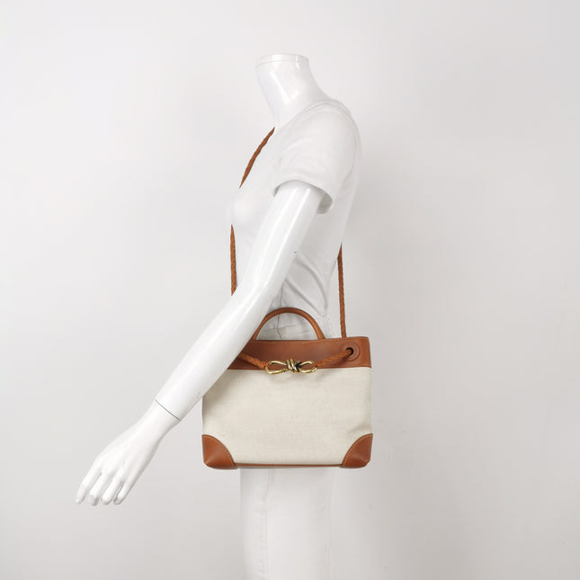 Bottega Veneta Small Andiamo Tan Brown Leather and Beige Canvas Handbag