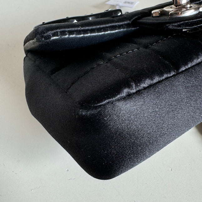 Chanel Extra Mini Flap Bag Black Satin Choco Bar Lipstick Mirror Crossbody, 2005