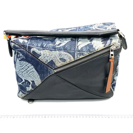 Loewe Puzzle Large Navy Leather and Denim Bird Print