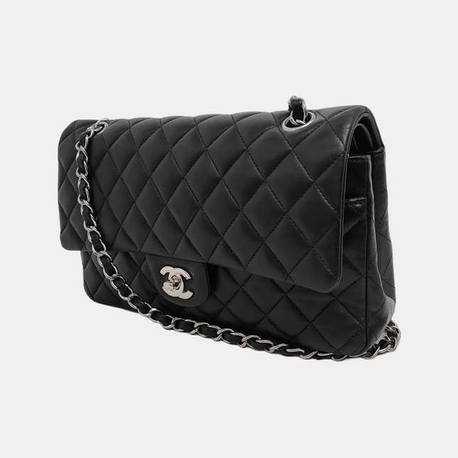 Chanel Timeless Classic Flap Medium Black Lambskin Leather Silver Hardware