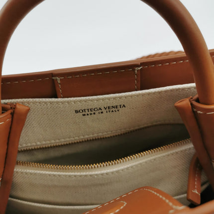 Bottega Veneta Small Andiamo Tan Brown Leather and Beige Canvas Handbag