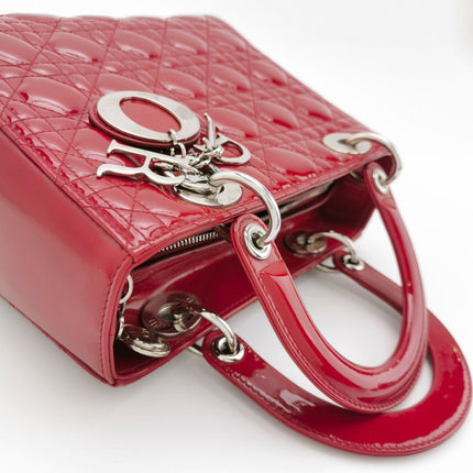 Sold Lady Dior Medium Red Burgundy Patent Leather Handbag Silver Hardware