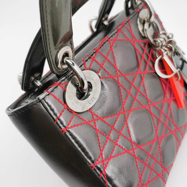 Sold Lady Dior Mini Grey Leather with Red Cannage Stitching 2011 Dior X Anselm Reyle Collection