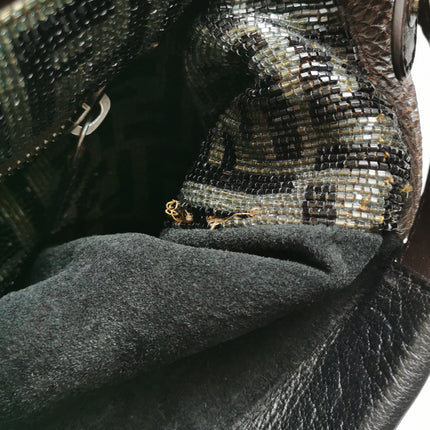Fendi Peekaboo Large Black Calfskin Leather Glitter Beaded Zucca Interior
