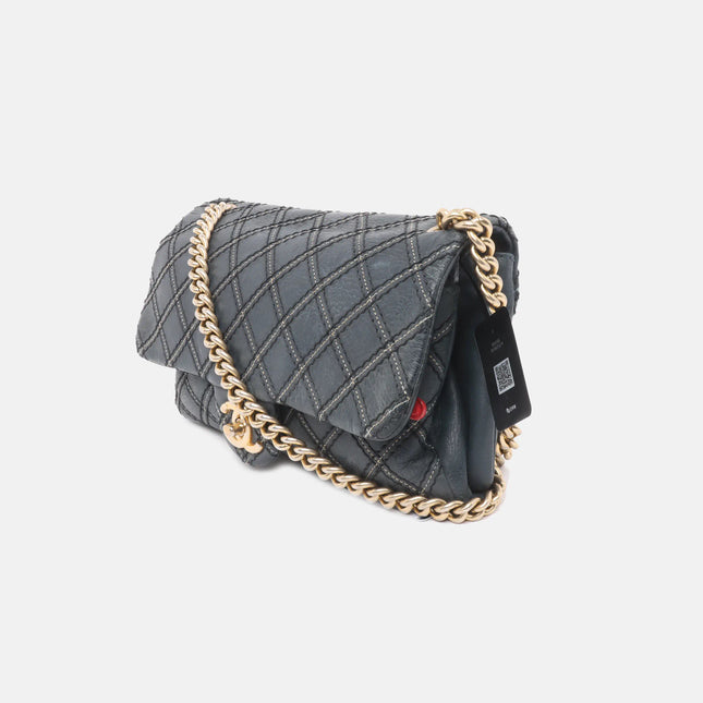 Sold Chanel Classic Flap 2014 Medium Navy Fabric Diamond Quilting Crossbody Bag