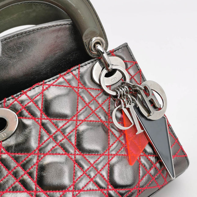 Sold Lady Dior Mini Grey Leather with Red Cannage Stitching 2011 Dior X Anselm Reyle Collection