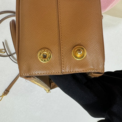 Prada Galleria Saffiano Leather Small Tan Brown Handbag with Strap 25cm