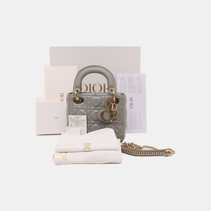 Lady Dior Mini Pearlescent Grey Lambskin Leather Gold HW Chain Strap