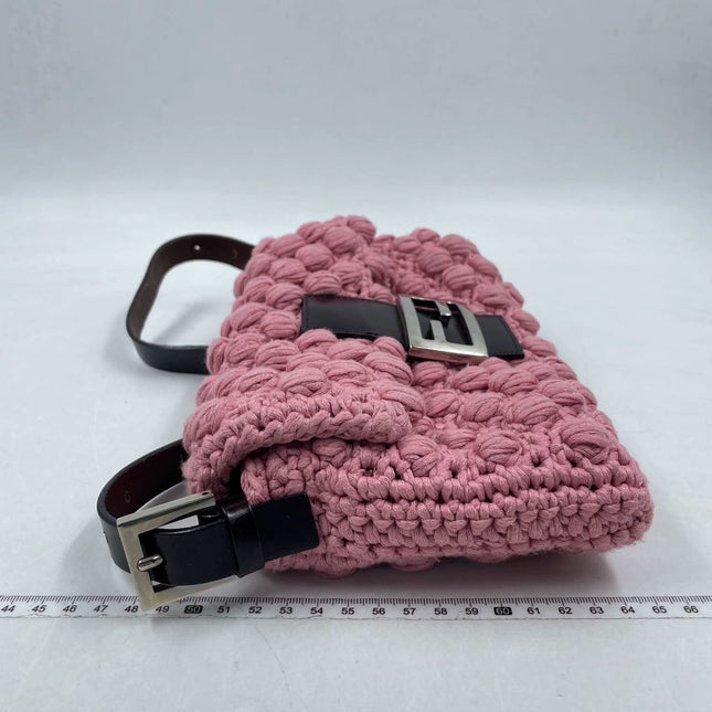 Sold Fendi Baguette Bag Pink Crochet Knit Wool Pompom Shoulder Bag