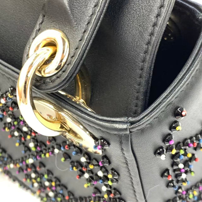 Lady Dior Mini Black Calfskin Leather with Multicolor Crystals Gold Hardware