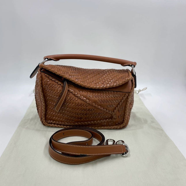 Loewe Puzzle Small Leather Woven Caramel Tan Crossbody Bag