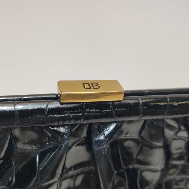 Balenciaga Pouch Black Crocodile Pattern Shiny Calfskin Leather With Strap