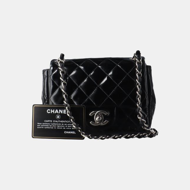 Sold Chanel Classic Flap Mini Square Black Patent Lambskin Crossbody Bag, 2012-2013