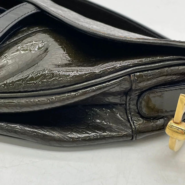 Dior Saddle Small Vintage Shoulder Bag Dark Green Oblique Print Patent Leather