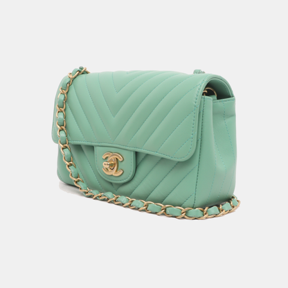 Chanel Classic Flap Mini Chevron Green Lambskin Leather Gold Hardware, 2018-2019