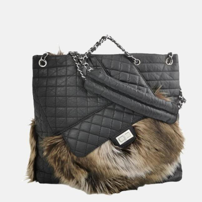 Chanel Black Calfskin Fur Mademoiselle Lock 2way Tote, 2010-Luxbags