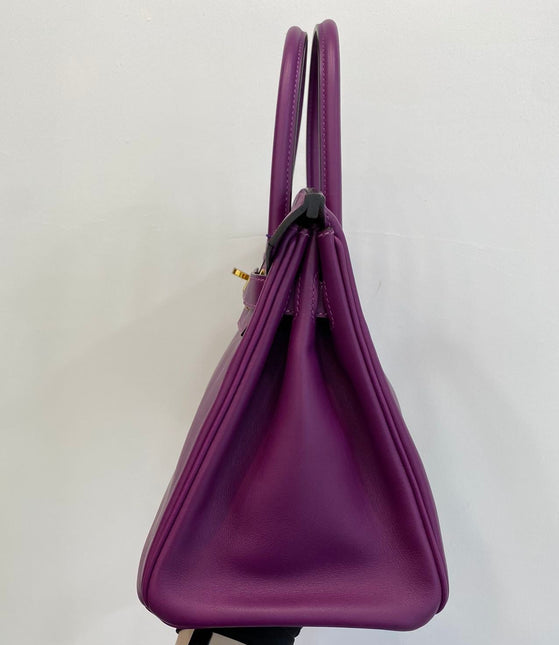 Hermes Birkin 30 HSS Special Order Anemone Purple Swift Leather Mango Yellow Interior GHW, 2017