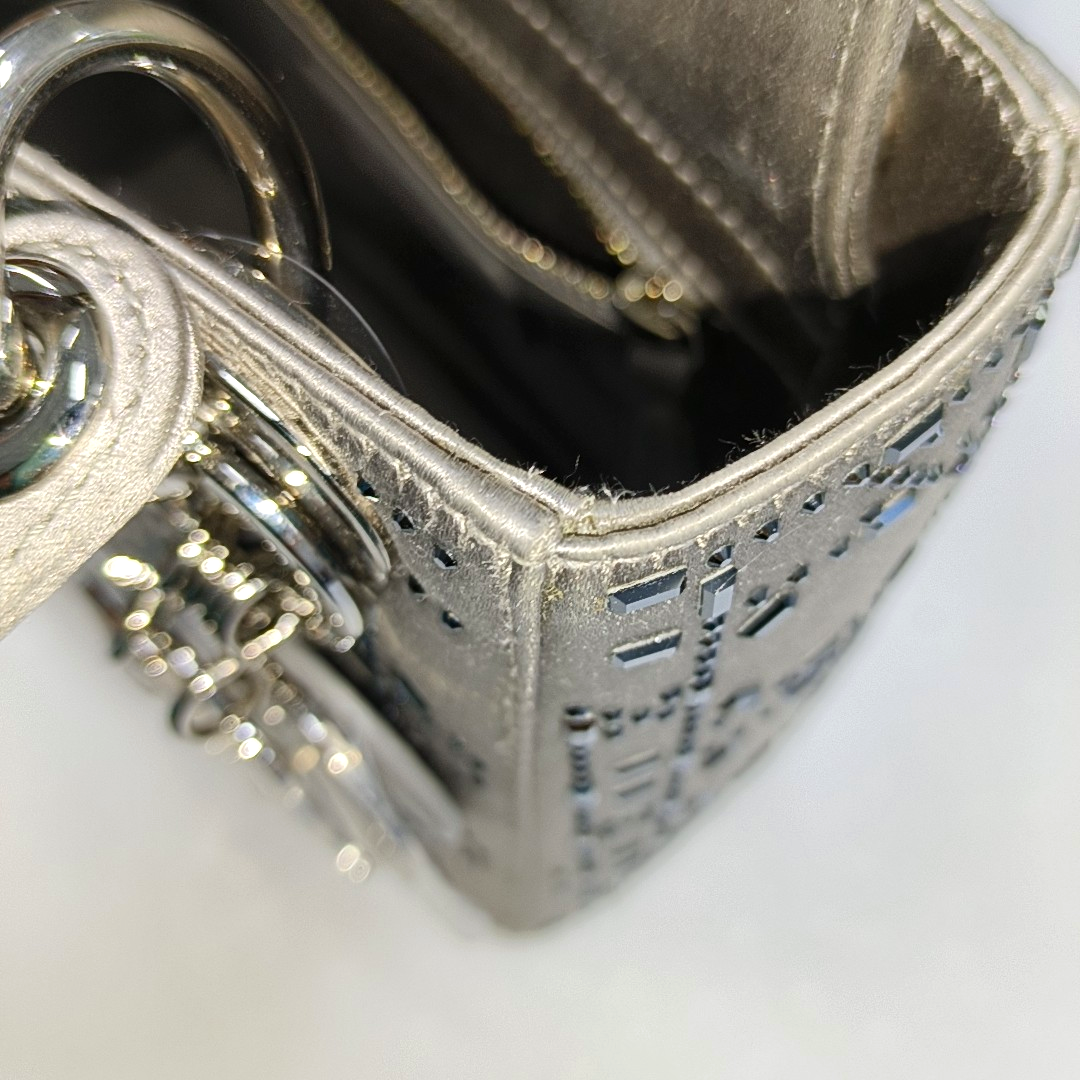 Lady Dior Mini Grey Silk with Crystals Silver Hardware