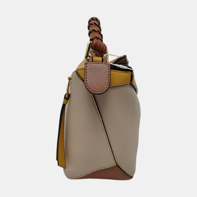 Loewe Puzzle Small Tricolor Tan Yellow Grey Braided Handle Crossbody Bag