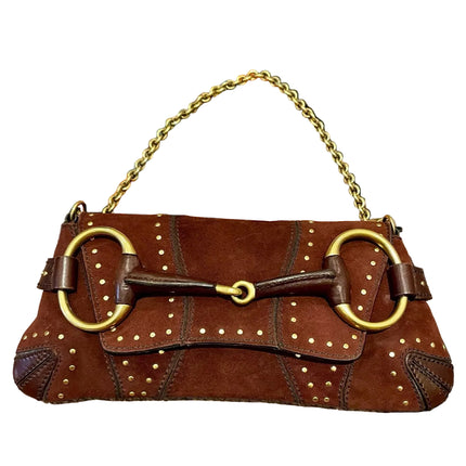 Gucci Horsebit 1955 Chain Vintage Shoulder Bag Brown Studded Suede Leather-Luxbags