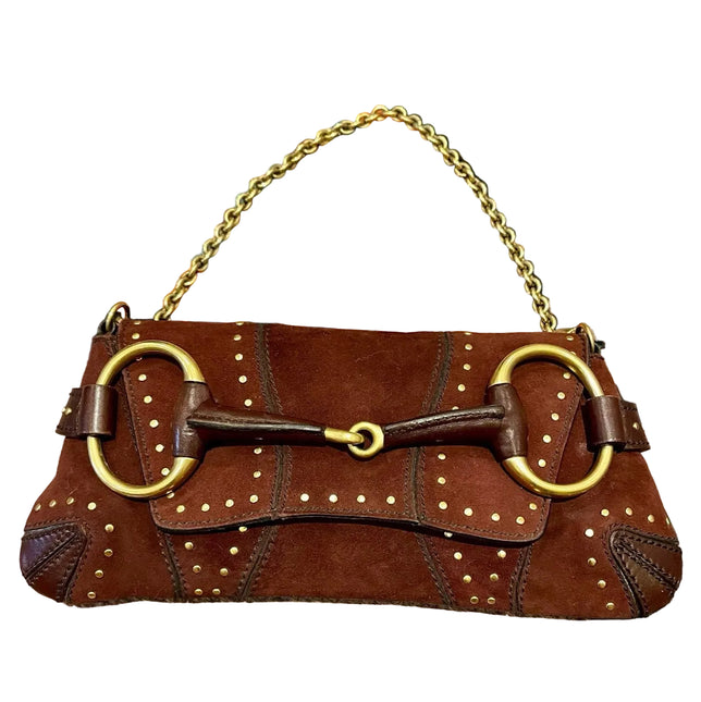 Gucci Horsebit 1955 Chain Vintage Shoulder Bag Brown Studded Suede Leather-Luxbags