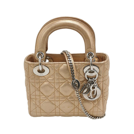 Lady Dior Mini Gold Textile Cannage handbag with strap-Luxbags