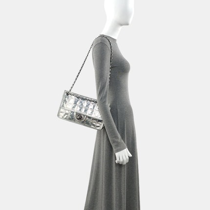 Chanel Ice Cube Chocolate Bar Classic Flap Metallic Silver PVC with Leather